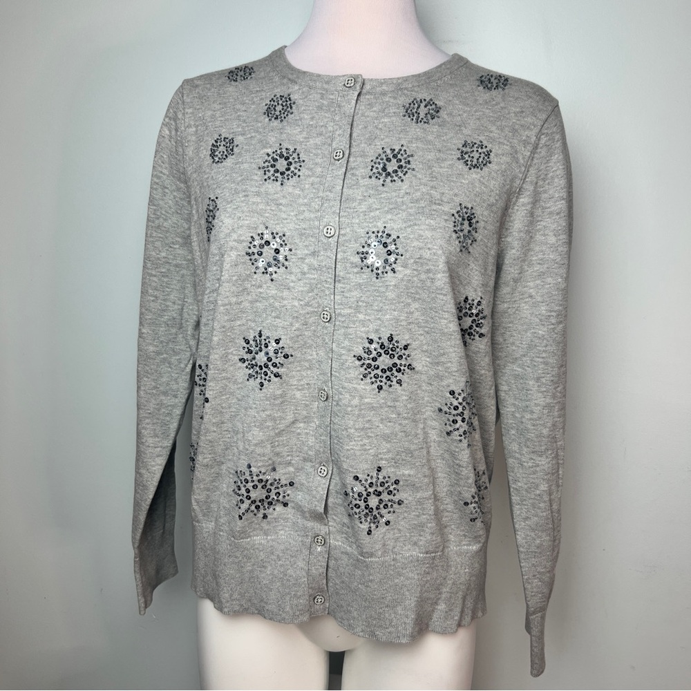 Lands' End Gray Cardigan Sweater with Beaded Snowflake Design